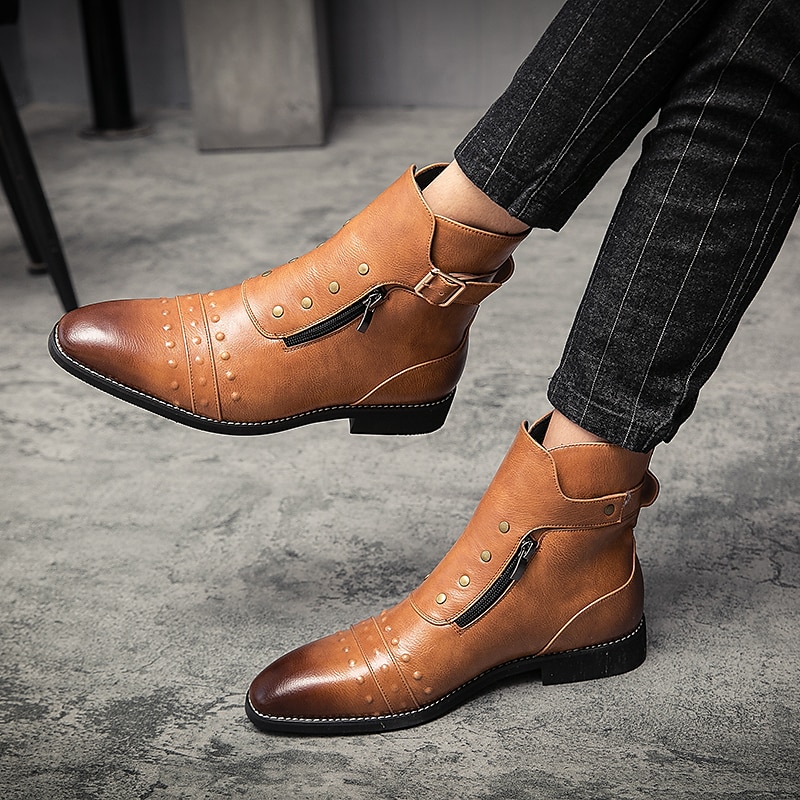 stivaletti da uomo in similpelle rossa – stile vintage con cerniera e dettagli borchiati, perfetti per la moda motociclistica e casual del 2025 a $79.99 –P1