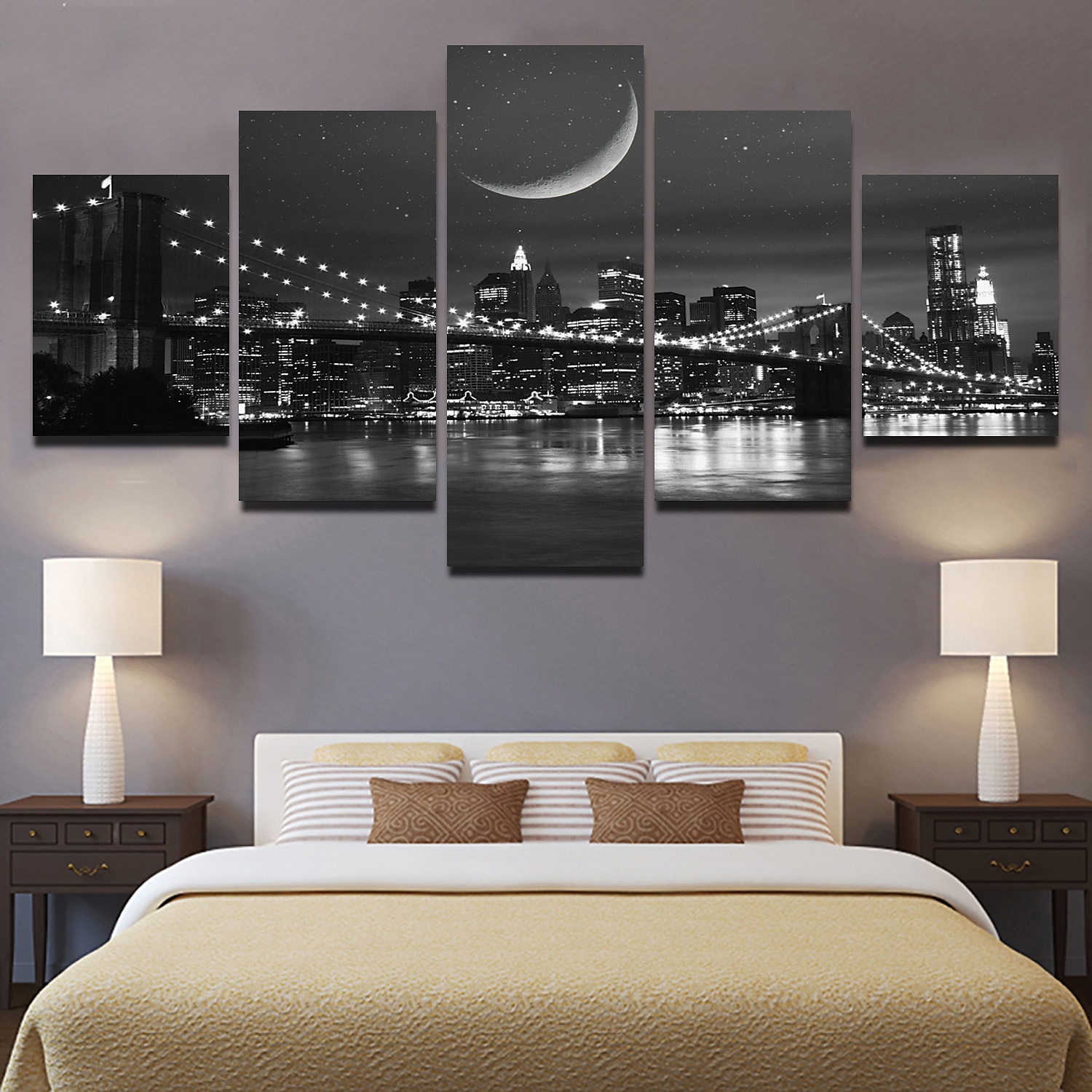 5 panneaux toile imprimée tableau déco art mural affiches/image  nuit pont paysage urbain horizon décoration de la maison décor toile roulée sans cadre sans cadre non étiré de 2026 ? $23.99 –P5