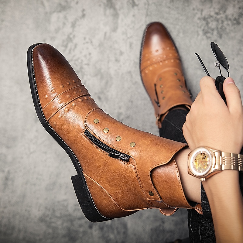 stivaletti da uomo in similpelle rossa – stile vintage con cerniera e dettagli borchiati, perfetti per la moda motociclistica e casual del 2025 a $79.99 –P3