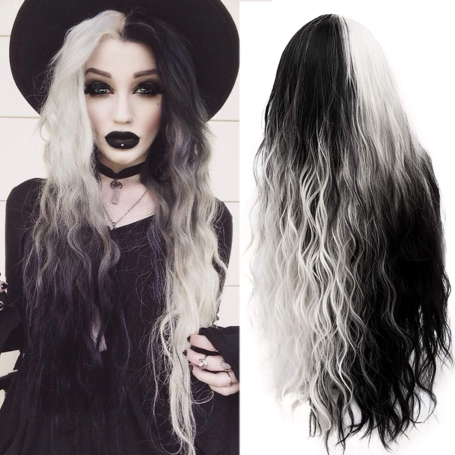 perruque de sorcière/sorcier perruque de cosplay perruque bouclée blanc / noir a1 a2 a3 a4 cheveux synthétiques design à la mode pour femme noir perruques d'Halloween de 2025 ? $23.99 –P7