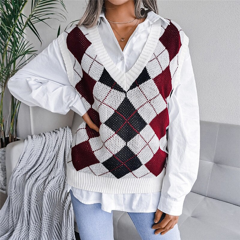 Women's Sweater Vest Pullover Sweater Jumper V Neck Ribbed Knit Acrylic Knitted Fall Winter Outdoor Daily Holiday Stylish Casual Soft Sleeveless Argyle Pink Red S M L 2023 - US $22.99 –P8