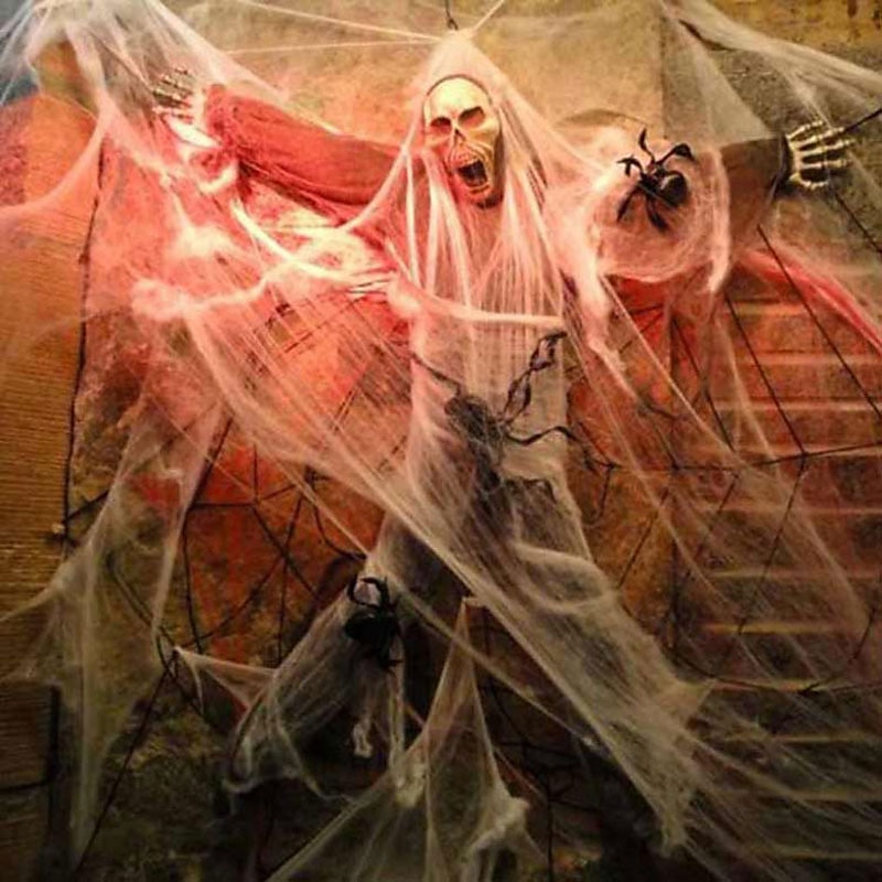 Halloween party dekorace rekvizity scéna 100g bílý pavouk hedvábí a 4 pavouci doplňky duch festival scéna rekvizity pavouk hedvábí pavučina příslušenství 2025 - $7.99 –P4