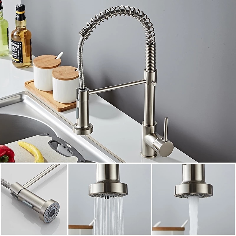 Kitchen Sink Mixer Faucet with Pull Down Sprayer, 360 swivel High Arc Single Handle Spring Kitchen Taps Deck Mounted, One Hole Brass Kitchen Sink Faucet Centerset Water Taps 2025 - $105.99 –P5