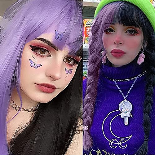 Half Purple Half Black Long Straight Lolita Wig Cosplay Bangs Hair Natural Synthetic Wig for Women Girl (Half Purple Half Black) Carnival Wig 2025 - $17.49 –P2