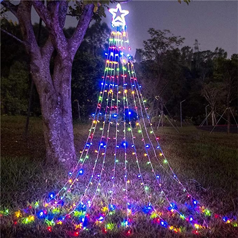 Cadena de luces para árbol de Navidad, decoración al aire libre, cadena de luces de estrellas, 8 modos de enchufe, 350 led, cascada, árbol de Navidad, topper de estrella, luz de hadas para patio, 2025 - $47.99 –P9