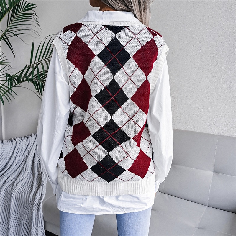 Women's Sweater Vest Pullover Sweater Jumper V Neck Ribbed Knit Acrylic Knitted Fall Winter Outdoor Daily Holiday Stylish Casual Soft Sleeveless Argyle Pink Red S M L 2023 - US $22.99 –P11