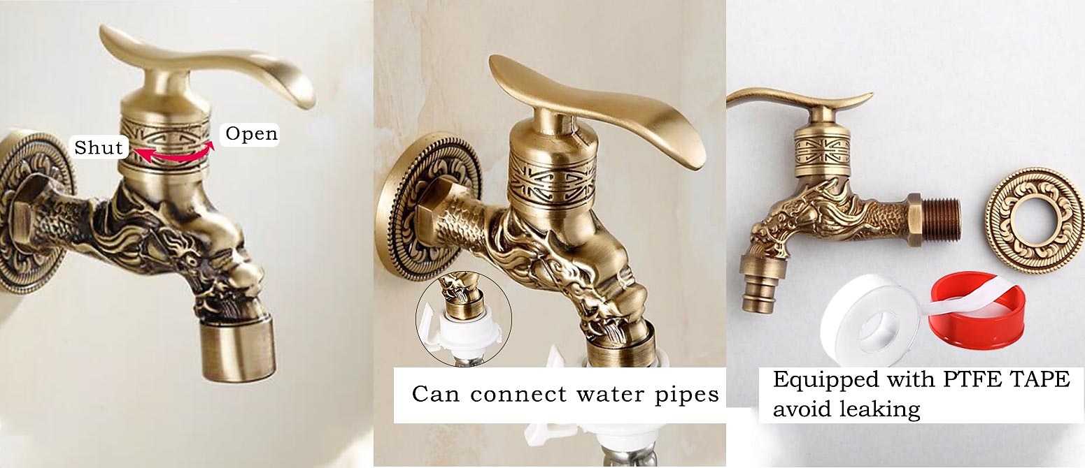 Outdoor Faucet,Wall Mount Antique Brass Faucet,Garden Outdoor Decorative Hose 1/2 inch Connection Spigot Carving Desigh with Cold Water Only 2025 - $37.99 –P2