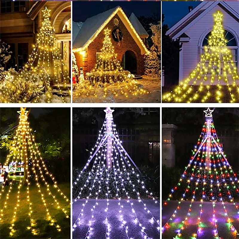 Cadena de luces para árbol de Navidad, decoración al aire libre, cadena de luces de estrellas, 8 modos de enchufe, 350 led, cascada, árbol de Navidad, topper de estrella, luz de hadas para patio, 2025 - $47.99 –P3