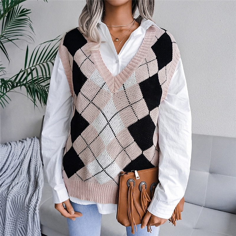 Women's Sweater Vest Pullover Sweater Jumper V Neck Ribbed Knit Acrylic Knitted Fall Winter Outdoor Daily Holiday Stylish Casual Soft Sleeveless Argyle Pink Red S M L 2023 - US $22.99 –P3