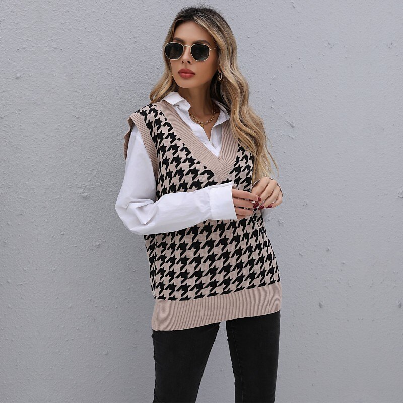 Women's Vest Knitted Houndstooth Plaid Stylish Basic Casual Sleeveless Regular Fit Sweater Cardigans V Neck Fall Winter Khaki / Holiday / Going out 2025 - $24.99 –P6