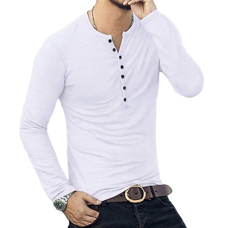 Herren T-Shirt mit Knöpfen T Shirt Langarmshirt Langarm Stehkragen Frühling & Herbst Einfach Leicht Klassisch Lässig Button-Down Urlaub Lässig Ferien Wein Schwarz Weiß Top T-Shirt für Herren 2025 - $22.99 –P7