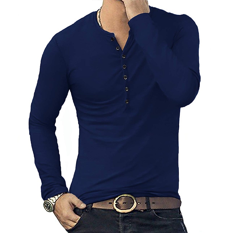 Herren T-Shirt mit Knöpfen T Shirt Langarmshirt Langarm Stehkragen Frühling & Herbst Einfach Leicht Klassisch Lässig Button-Down Urlaub Lässig Ferien Wein Schwarz Weiß Top T-Shirt für Herren 2025 - $22.99 –P9