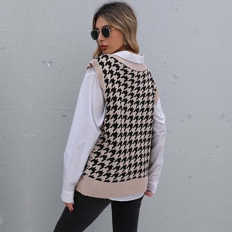 Women's Vest Knitted Houndstooth Plaid Stylish Basic Casual Sleeveless Regular Fit Sweater Cardigans V Neck Fall Winter Khaki / Holiday / Going out 2025 - $24.99 –P2