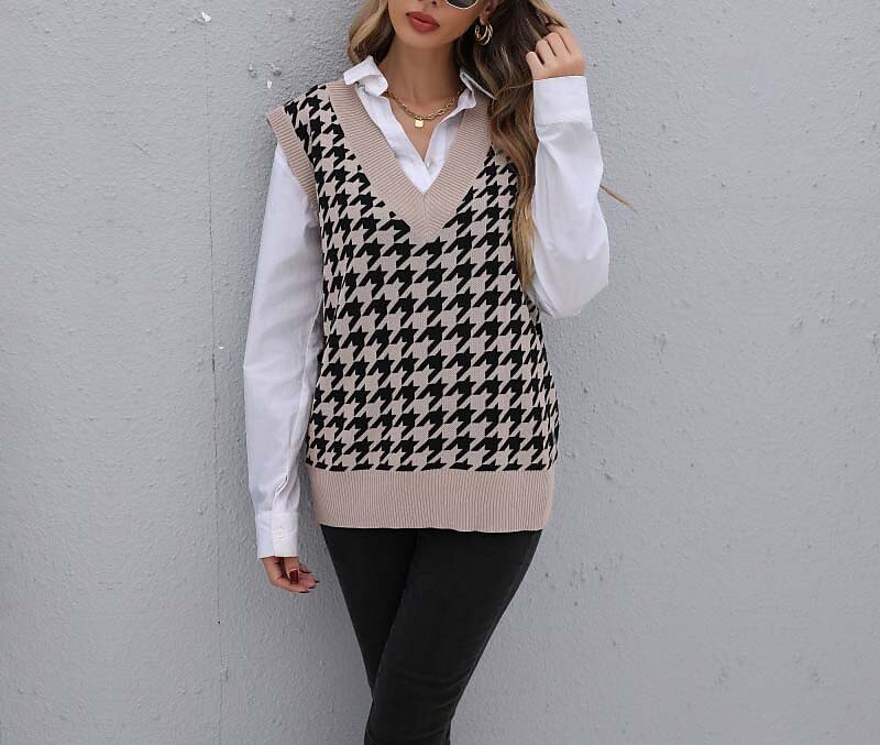 Women's Vest Knitted Houndstooth Plaid Stylish Basic Casual Sleeveless Regular Fit Sweater Cardigans V Neck Fall Winter Khaki / Holiday / Going out 2025 - $24.99 –P8