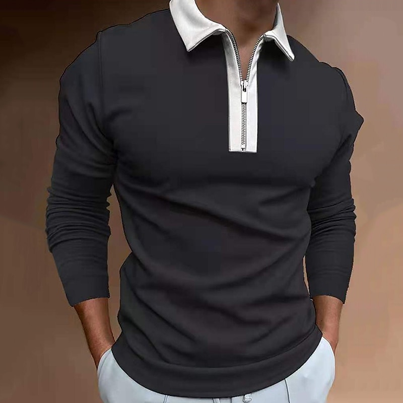Herren Poloshirt Poloshirt mit Viertelreißverschluss Arbeit Casual Klassischer Kragen Viertel Postleitzahl Langarm Modisch Geschäftlich Farbblock Patchwork Zip Winter Herbst Winter Regular Fit Wein 2025 - $18.99 –P4