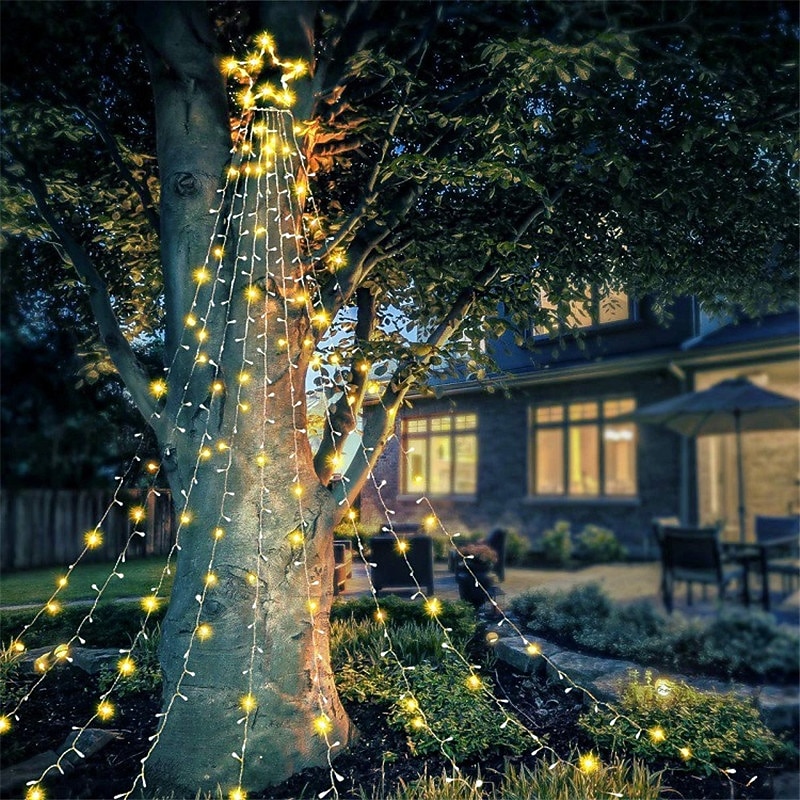 Cadena de luces para árbol de Navidad, decoración al aire libre, cadena de luces de estrellas, 8 modos de enchufe, 350 led, cascada, árbol de Navidad, topper de estrella, luz de hadas para patio, 2025 - $47.99 –P2
