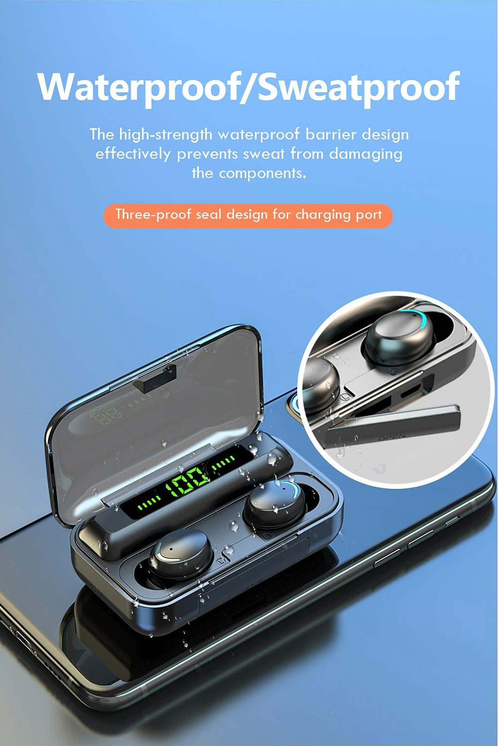 sweatproof wireless earphones with lcd display magnetic charging case