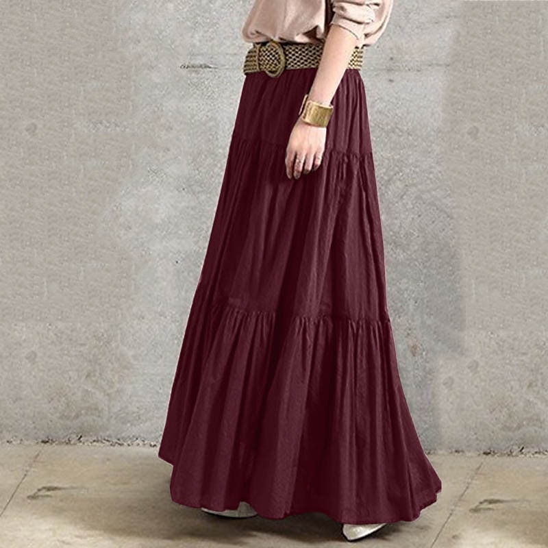 Women's Swing Work Skirts Long Skirt Vintage Summer Maxi Skirts Solid Colored Pleated Ruffle Vacation Causal Black Wine Purple Brown Autumn / Fall Cotton Cotton And Linen 2025 - $32.99 –P3