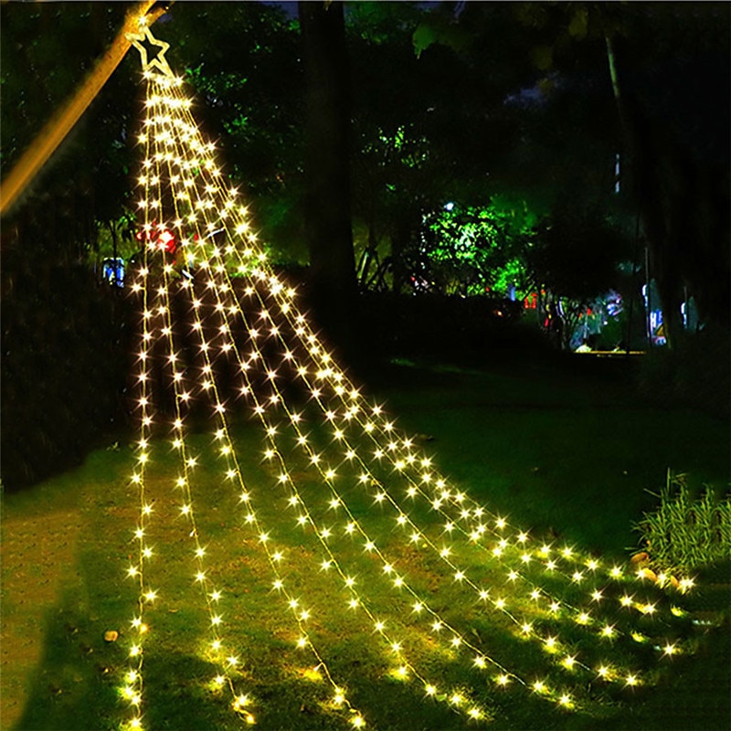 Cadena de luces para árbol de Navidad, decoración al aire libre, cadena de luces de estrellas, 8 modos de enchufe, 350 led, cascada, árbol de Navidad, topper de estrella, luz de hadas para patio, 2025 - $47.99 –P11