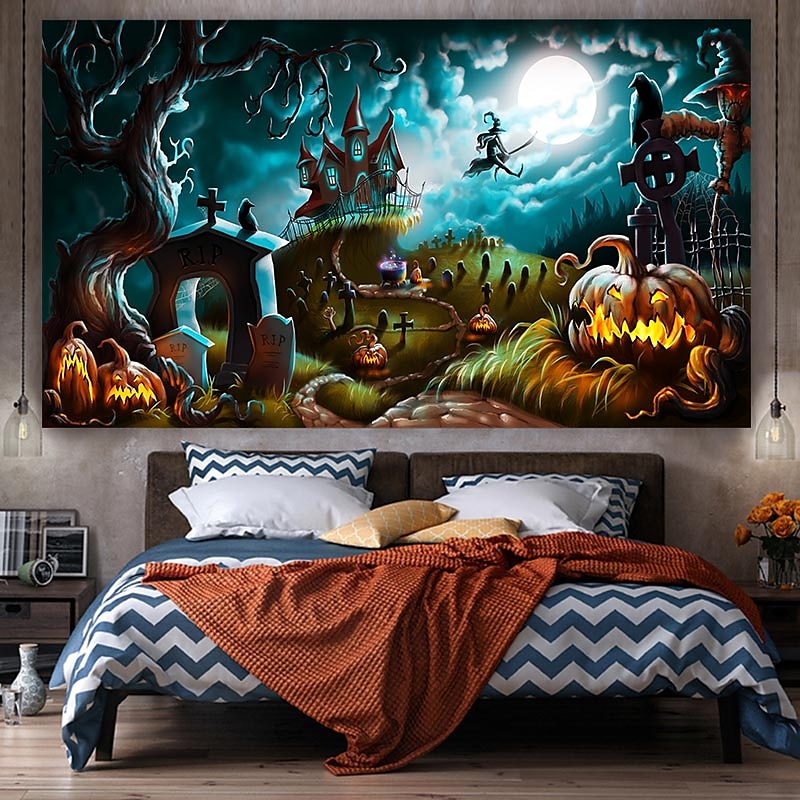halloween koristeet kuvakudos jack o lyhty kurpitsa sisustus seinä taide suuri riippuva kuvakudos seinämaalaus sisustus valokuva tausta peitto verho koti makuuhuone olohuone lepakko kummitus talo 2025 - $13.99 –P5