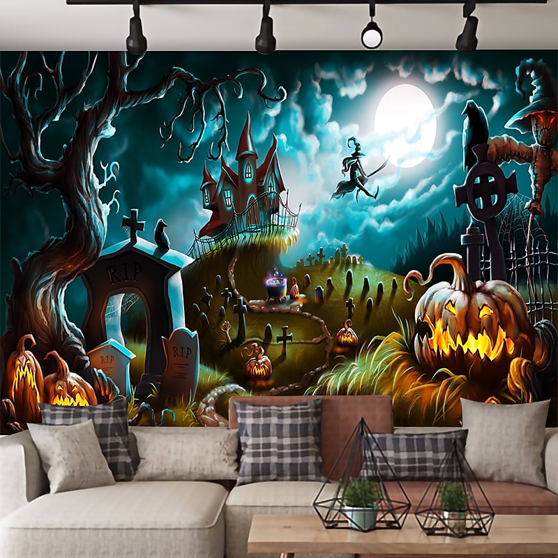 halloween koristeet kuvakudos jack o lyhty kurpitsa sisustus seinä taide suuri riippuva kuvakudos seinämaalaus sisustus valokuva tausta peitto verho koti makuuhuone olohuone lepakko kummitus talo 2025 - $13.99 –P3
