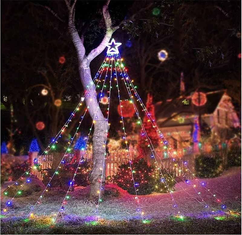 Cadena de luces para árbol de Navidad, decoración al aire libre, cadena de luces de estrellas, 8 modos de enchufe, 350 led, cascada, árbol de Navidad, topper de estrella, luz de hadas para patio, 2025 - $47.99 –P4