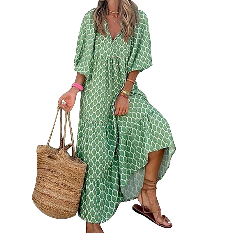 dámské dlouhé šaty maxi šaty zelené 3/4 rukáv geometrický patchwork podzim podzim v výstřih volný střih 2023 s m l xl 2025 - $33.99 –P6