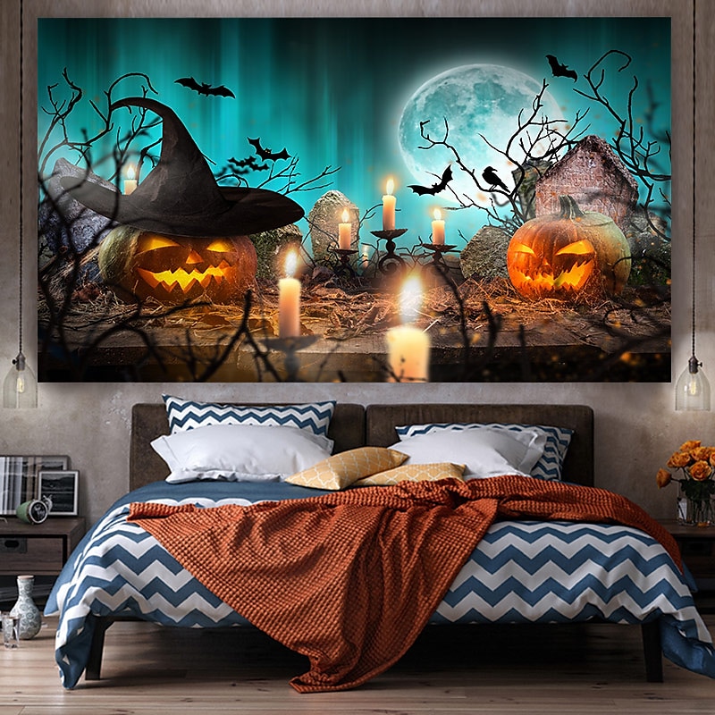 halloween koristeet kuvakudos jack o lyhty kurpitsa sisustus seinä taide suuri riippuva kuvakudos seinämaalaus sisustus valokuva tausta peitto verho koti makuuhuone olohuone lepakko kummitus talo 2025 - $13.99 –P5