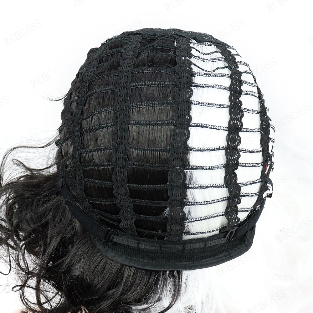 perruque gothique rebcass perruque synthétique cosplay cruella boucles lâches bouncy curl bob avec perruque bang soignée cheveux synthétiques noir/or pour femmes résistant à la chaleur bonnet gratuit de 2025 ? $19.99 –P5
