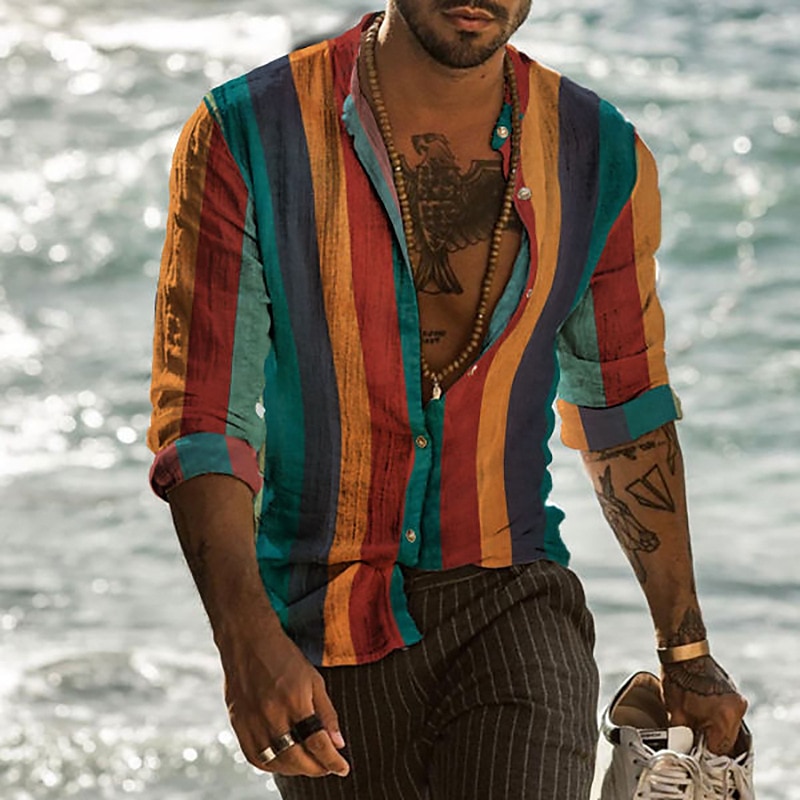 Homme Rayé Formes Géométriques Chemise Chemise boutonnée manche longue Mode Design Décontractées Extérieur du quotidien Automne Hiver Col Imprimer Bouton bas Vert Claire Rose Claire Rouge Violet Vert de 2025 ? $26.99 –P2