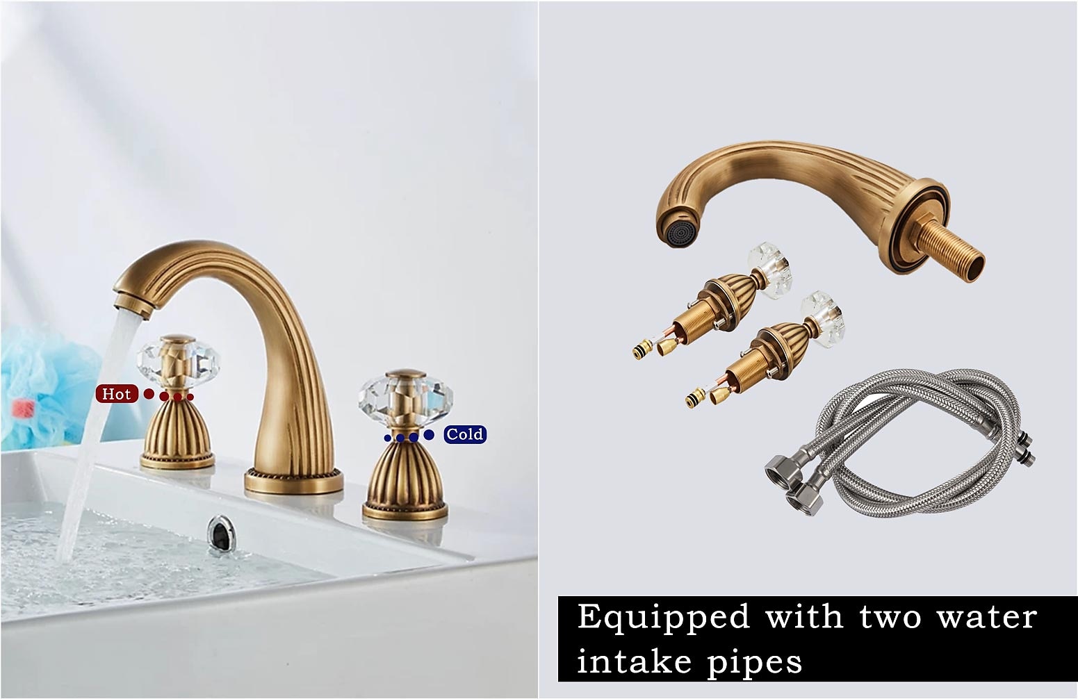 Widespread Bathroom Sink Mixer Faucet, 3 Holes 2 Handle Basin Tap, Retro Style Crystal Handle Brass Bathroom Sink Faucet Contain with Supply Lines and Hot Cold Water Hose Deck Mounted 2025 - $161.99 –P3