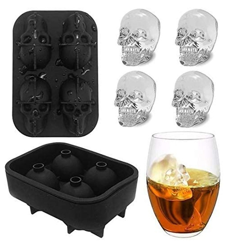 4 cubetti di ghiaccio teschio palla scheletro stampo fai da te teschio scatola di ghiaccio stampo in silicone fai da te fatti in casa per la festa bar halloween del 2025 a $7.99 –P3