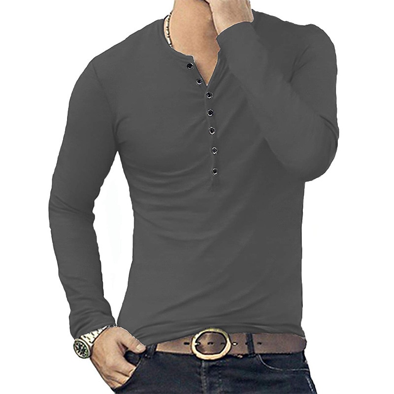 Herren T-Shirt mit Knöpfen T Shirt Langarmshirt Langarm Stehkragen Frühling & Herbst Einfach Leicht Klassisch Lässig Button-Down Urlaub Lässig Ferien Wein Schwarz Weiß Top T-Shirt für Herren 2025 - $22.99 –P13