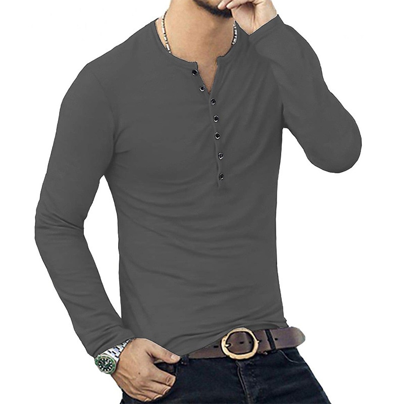 Herren T-Shirt mit Knöpfen T Shirt Langarmshirt Langarm Stehkragen Frühling & Herbst Einfach Leicht Klassisch Lässig Button-Down Urlaub Lässig Ferien Wein Schwarz Weiß Top T-Shirt für Herren 2025 - $22.99 –P14