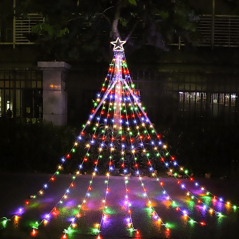 Cadena de luces para árbol de Navidad, decoración al aire libre, cadena de luces de estrellas, 8 modos de enchufe, 350 led, cascada, árbol de Navidad, topper de estrella, luz de hadas para patio, 2025 - $47.99 –P6