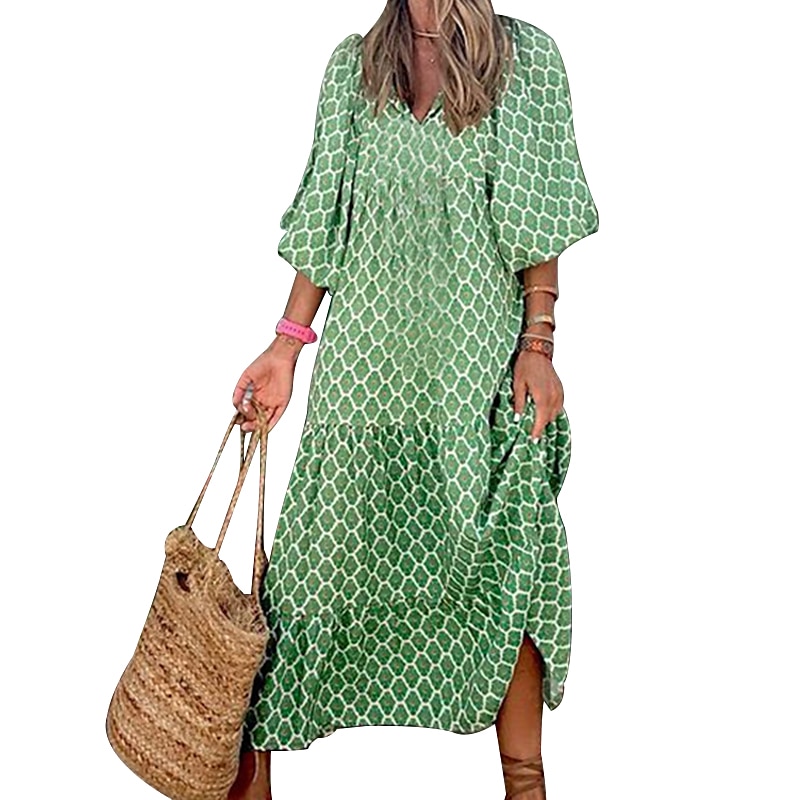 dámské dlouhé šaty maxi šaty zelené 3/4 rukáv geometrický patchwork podzim podzim v výstřih volný střih 2023 s m l xl 2025 - $33.99 –P7