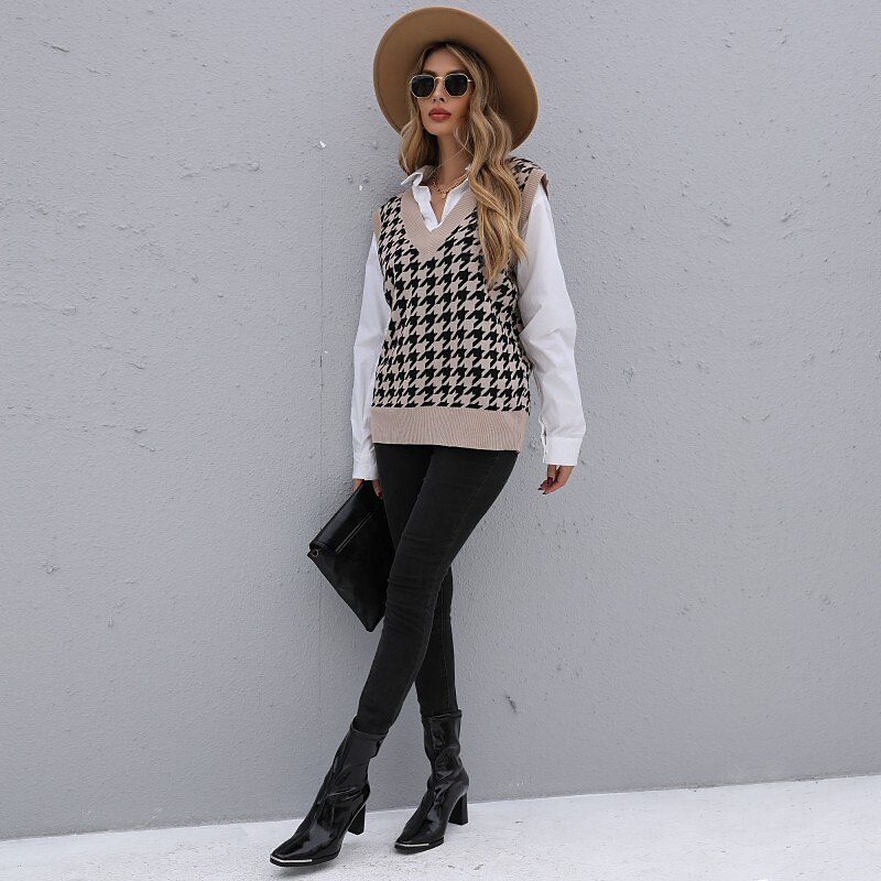 Women's Vest Knitted Houndstooth Plaid Stylish Basic Casual Sleeveless Regular Fit Sweater Cardigans V Neck Fall Winter Khaki / Holiday / Going out 2025 - $24.99 –P4