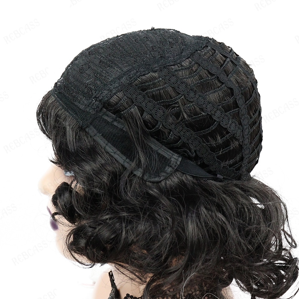 perruque gothique rebcass perruque synthétique cosplay cruella boucles lâches bouncy curl bob avec perruque bang soignée cheveux synthétiques noir/or pour femmes résistant à la chaleur bonnet gratuit de 2025 ? $19.99 –P4