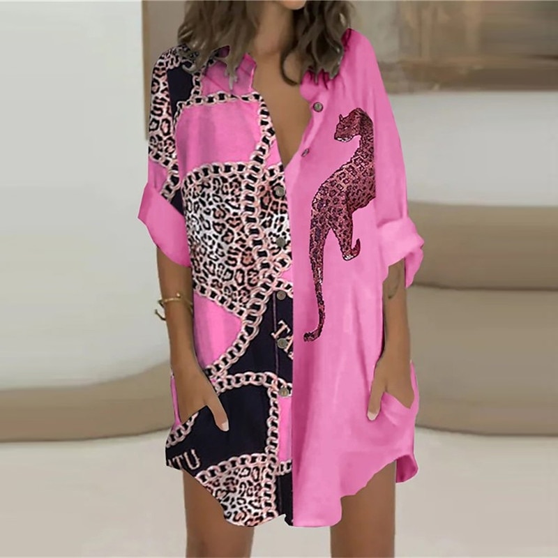 Damen blusenkleid Casual kleid Minikleid winterkleider damen Täglich Festtage Polyester Brautkleider schlicht Hemdkragen Taste Tasche Langarm Sommer Frühling Herbst 2022 Lockere Passform Weiß Rosa 2025 - $31.99 –P5