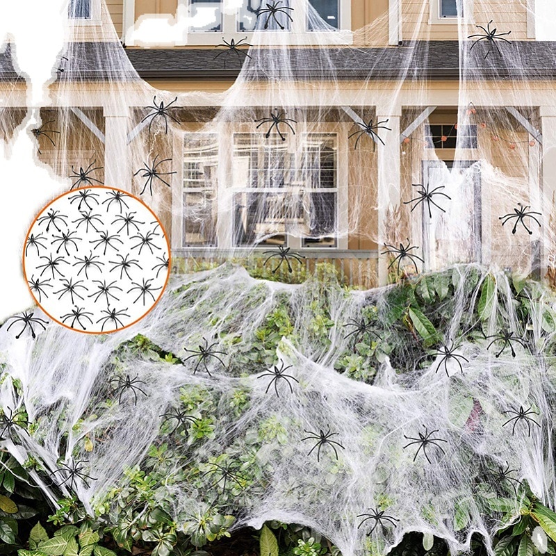 Halloween party dekorace rekvizity scéna 100g bílý pavouk hedvábí a 4 pavouci doplňky duch festival scéna rekvizity pavouk hedvábí pavučina příslušenství 2025 - $7.99 –P5