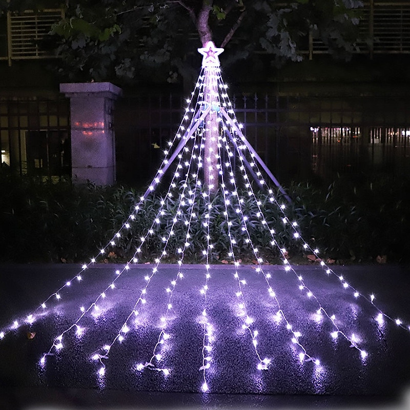 Cadena de luces para árbol de Navidad, decoración al aire libre, cadena de luces de estrellas, 8 modos de enchufe, 350 led, cascada, árbol de Navidad, topper de estrella, luz de hadas para patio, 2025 - $47.99 –P8