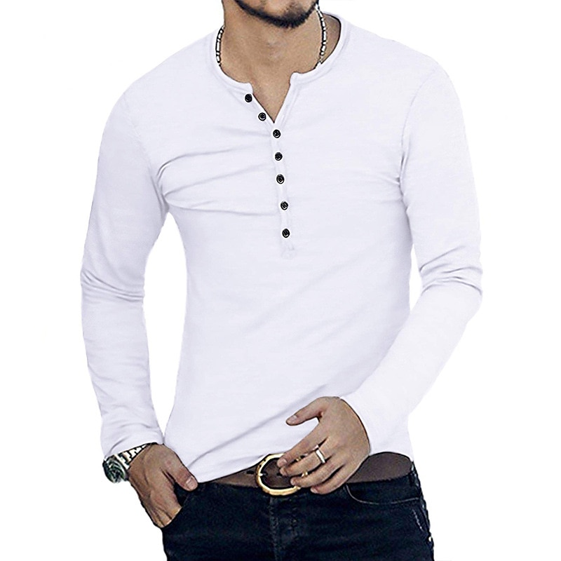 Herren T-Shirt mit Knöpfen T Shirt Langarmshirt Langarm Stehkragen Frühling & Herbst Einfach Leicht Klassisch Lässig Button-Down Urlaub Lässig Ferien Wein Schwarz Weiß Top T-Shirt für Herren 2025 - $22.99 –P6
