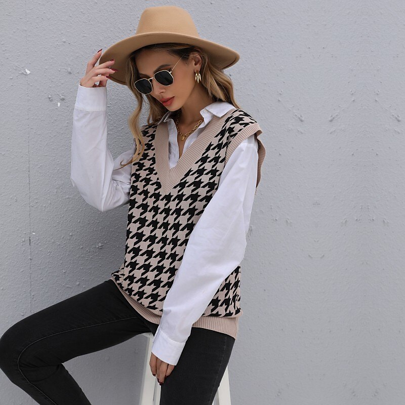 Women's Vest Knitted Houndstooth Plaid Stylish Basic Casual Sleeveless Regular Fit Sweater Cardigans V Neck Fall Winter Khaki / Holiday / Going out 2025 - $24.99 –P1