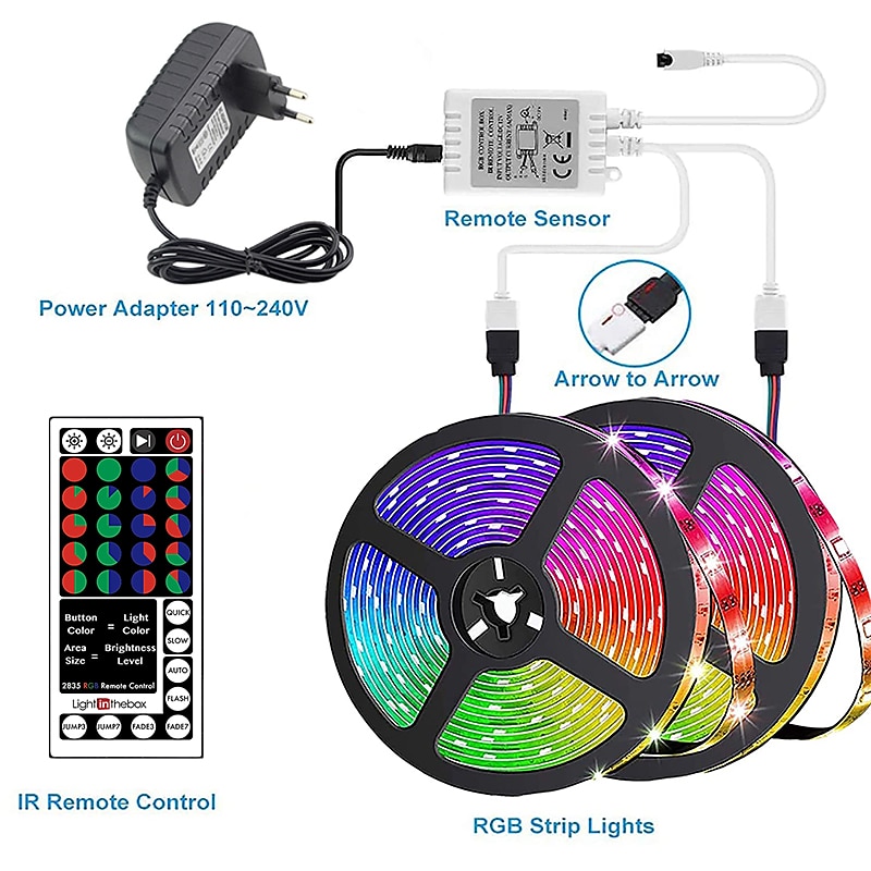 bandes LED étanches 10m (2x5m) bandes LED flexibles lumières rgb tiktok lumières 2835 600leds 8mm 44keys télécommande ir de 2025 ? $23.99 –P2