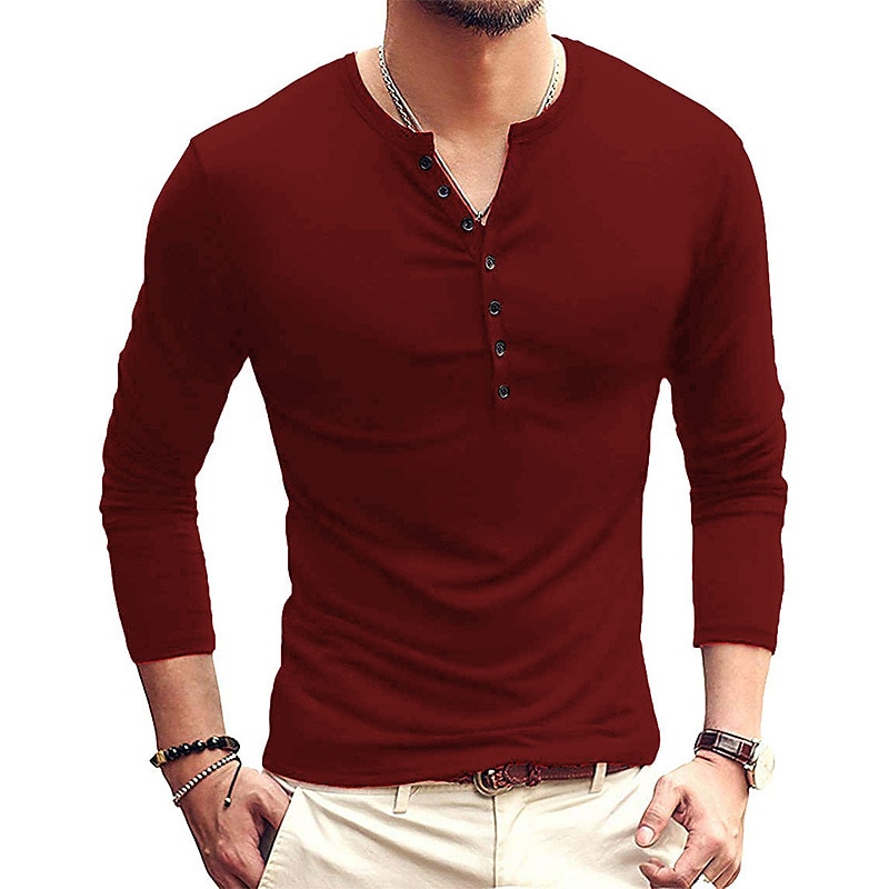 Herren T-Shirt mit Knöpfen T Shirt Langarmshirt Langarm Stehkragen Frühling & Herbst Einfach Leicht Klassisch Lässig Button-Down Urlaub Lässig Ferien Wein Schwarz Weiß Top T-Shirt für Herren 2025 - $22.99 –P15