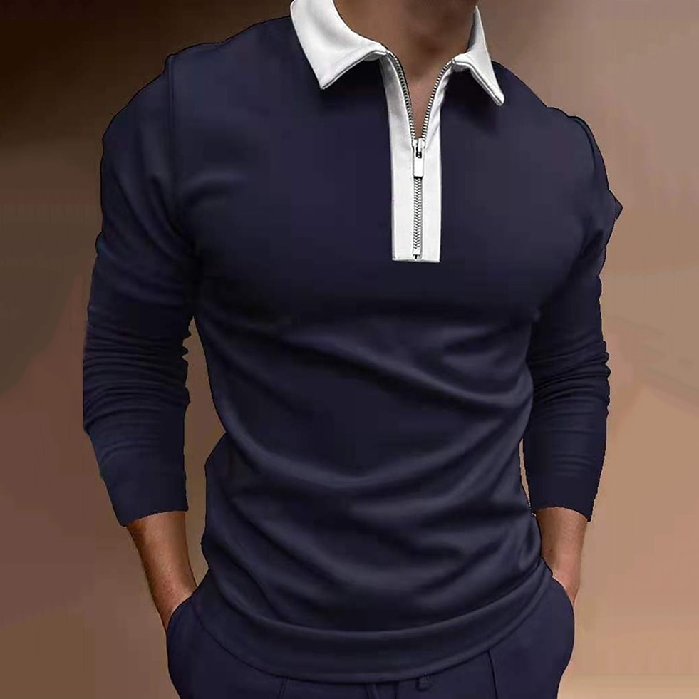 Herren Poloshirt Poloshirt mit Viertelreißverschluss Arbeit Casual Klassischer Kragen Viertel Postleitzahl Langarm Modisch Geschäftlich Farbblock Patchwork Zip Winter Herbst Winter Regular Fit Wein 2025 - $18.99 –P3