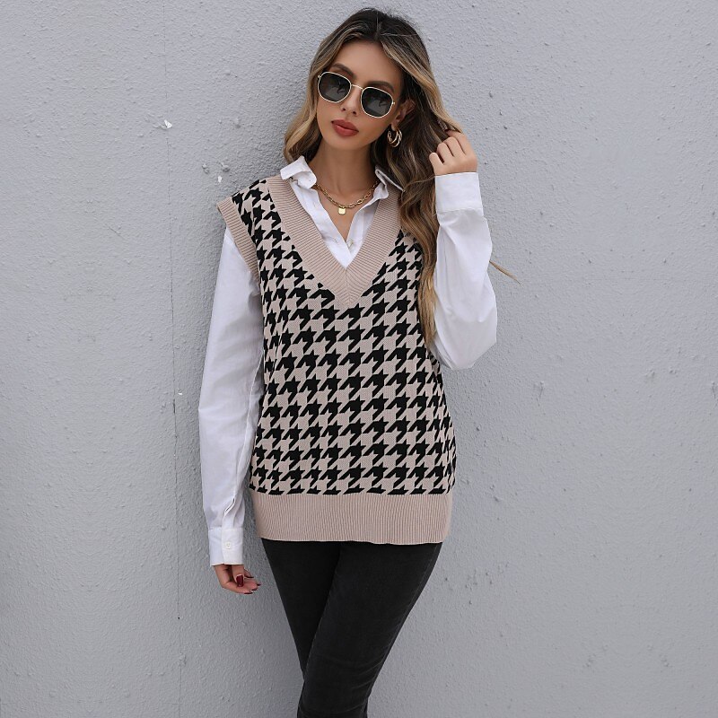 Women's Vest Knitted Houndstooth Plaid Stylish Basic Casual Sleeveless Regular Fit Sweater Cardigans V Neck Fall Winter Khaki / Holiday / Going out 2025 - $24.99 –P7