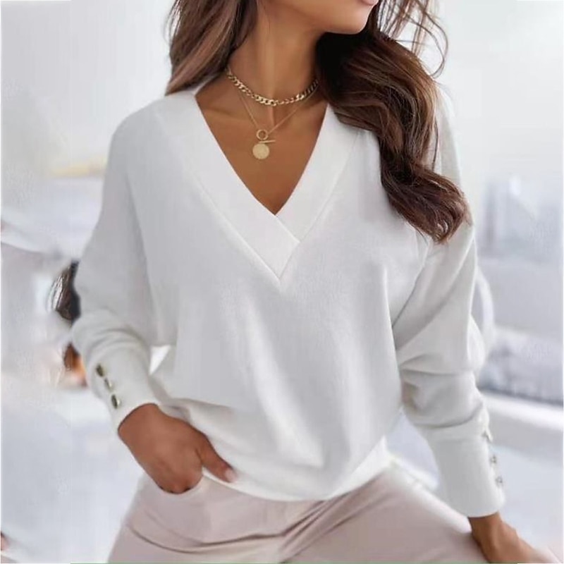 Damenbluse mit V-Ausschnitt, lange Ärmel, geknöpfte Manschetten, lässiges, elegantes Oberteil in Rot, Blau, Weiß, Schwarz, Grün, weiche, bequeme Passform, vielseitig einsetzbar für alle Jahreszeiten 2025 - $28.99 –P5