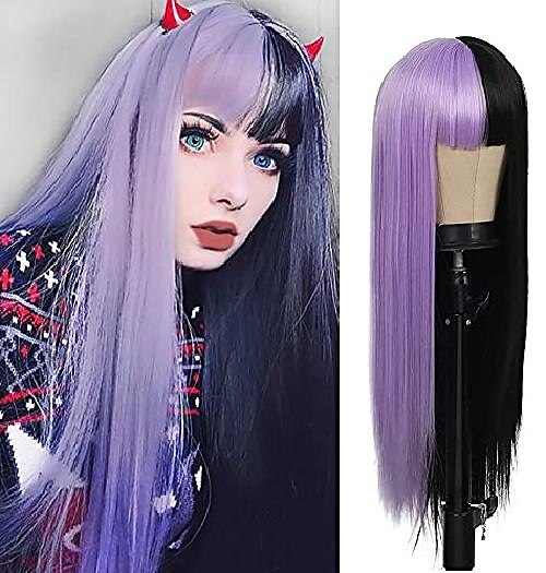 Half Purple Half Black Long Straight Lolita Wig Cosplay Bangs Hair Natural Synthetic Wig for Women Girl (Half Purple Half Black) Carnival Wig 2025 - $17.49 –P1