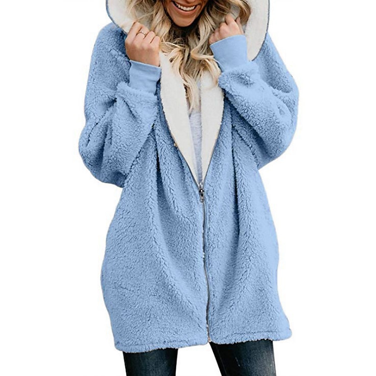 Per donna Streetwear Oversize Pile Sherpa Cerniera Marrone rossastro Blu denim Nero Tinta unica Informale Manica lunga Vello S M L XL XXL 3XL / Imbottitura di pile / Lungo del 2025 a $24.99 –P5